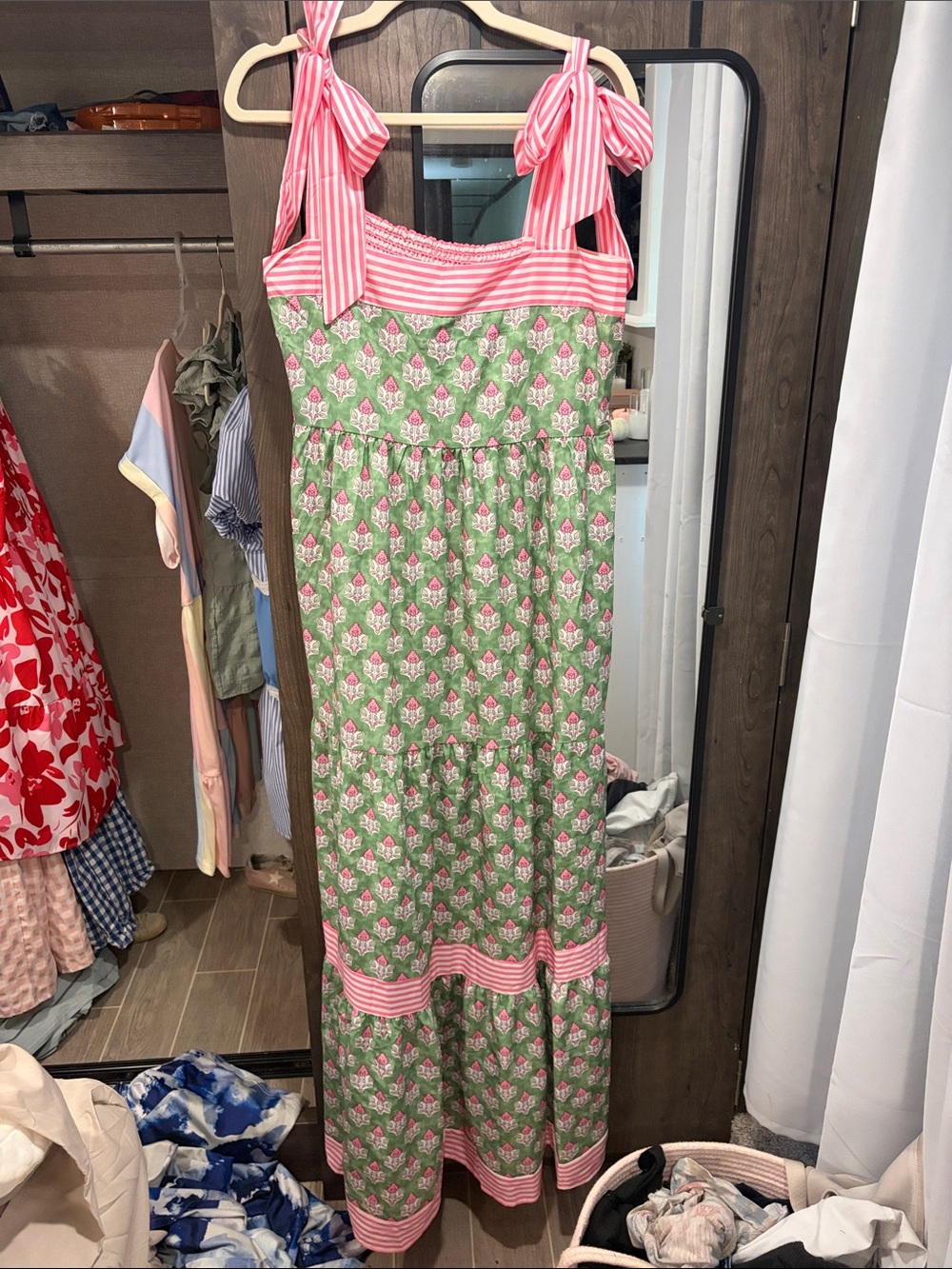 Women’s ' Pink & Green Tie-Shoulder Maxi Dress